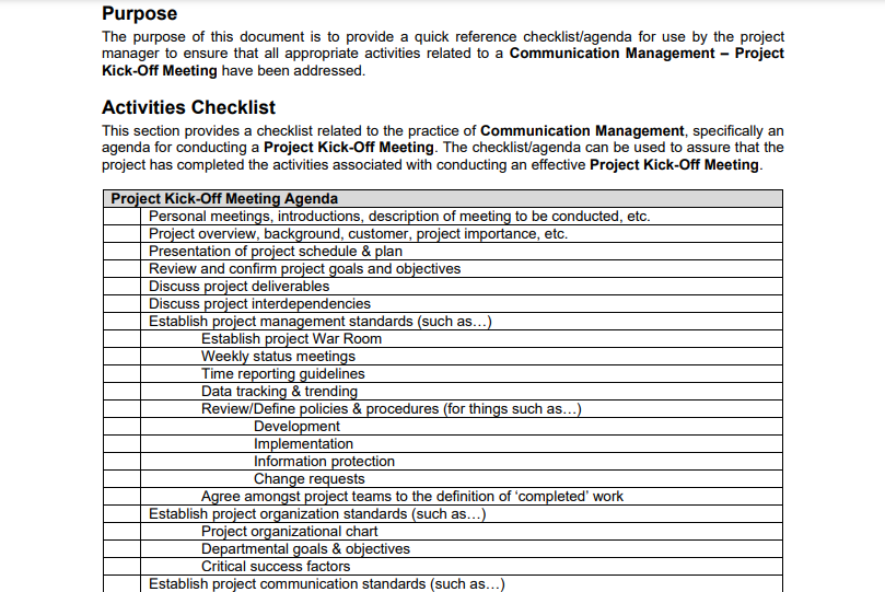 Project Kickoff Checklist Excel